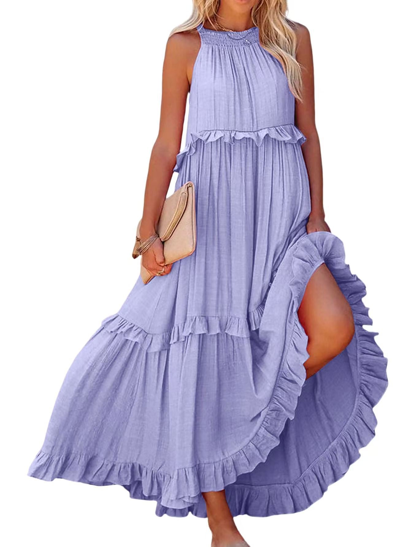 Damen Luftiges Maxikleid mit Rüschendetails und hoher Taille Stalluxe