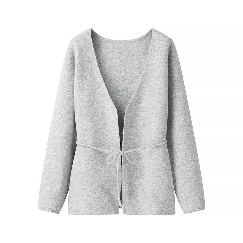 Damen lockere Strickjacke mit Taillenschnürung und weitem V-Ausschnitt Stalluxe
