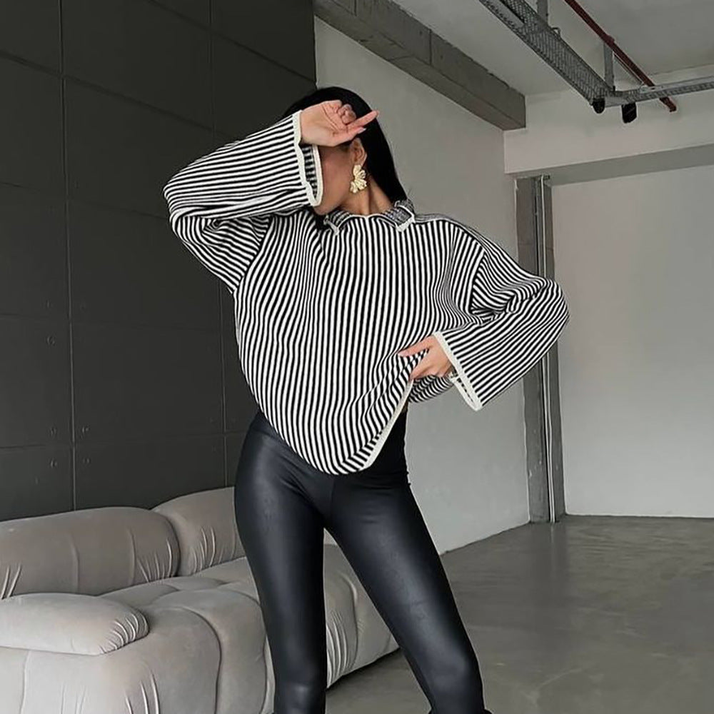 Damen Strickpullover mit lässigem Stehkragen und eleganten Streifen Stalluxe