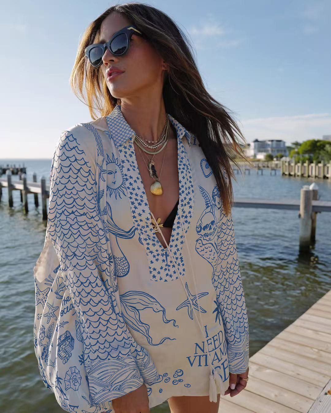 Damen lässige Strandbluse mit kunstvollem maritimem Druck und schickem V-Ausschnitt Stalluxe