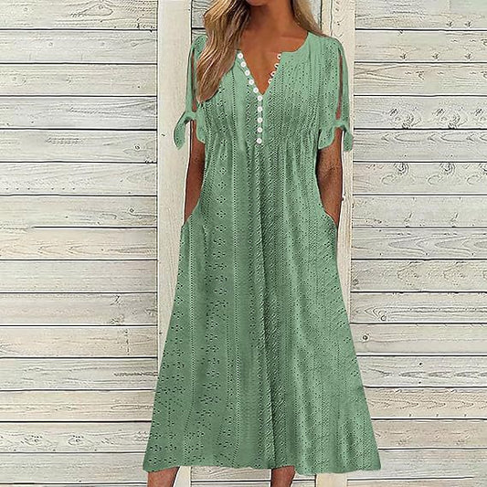 Damen luftiges Midikleid mit dekorativen Lochmustern und praktischen Taschen Stalluxe