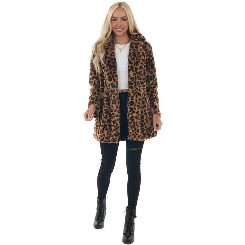 Damen Gemütliche Leopard-Fleecejacke mit offenem Kragen Stalluxe