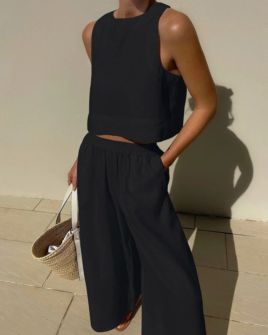 Damen luftiges und modernes Leinen-Set mit Cropped Top und weitem Hose Stalluxe