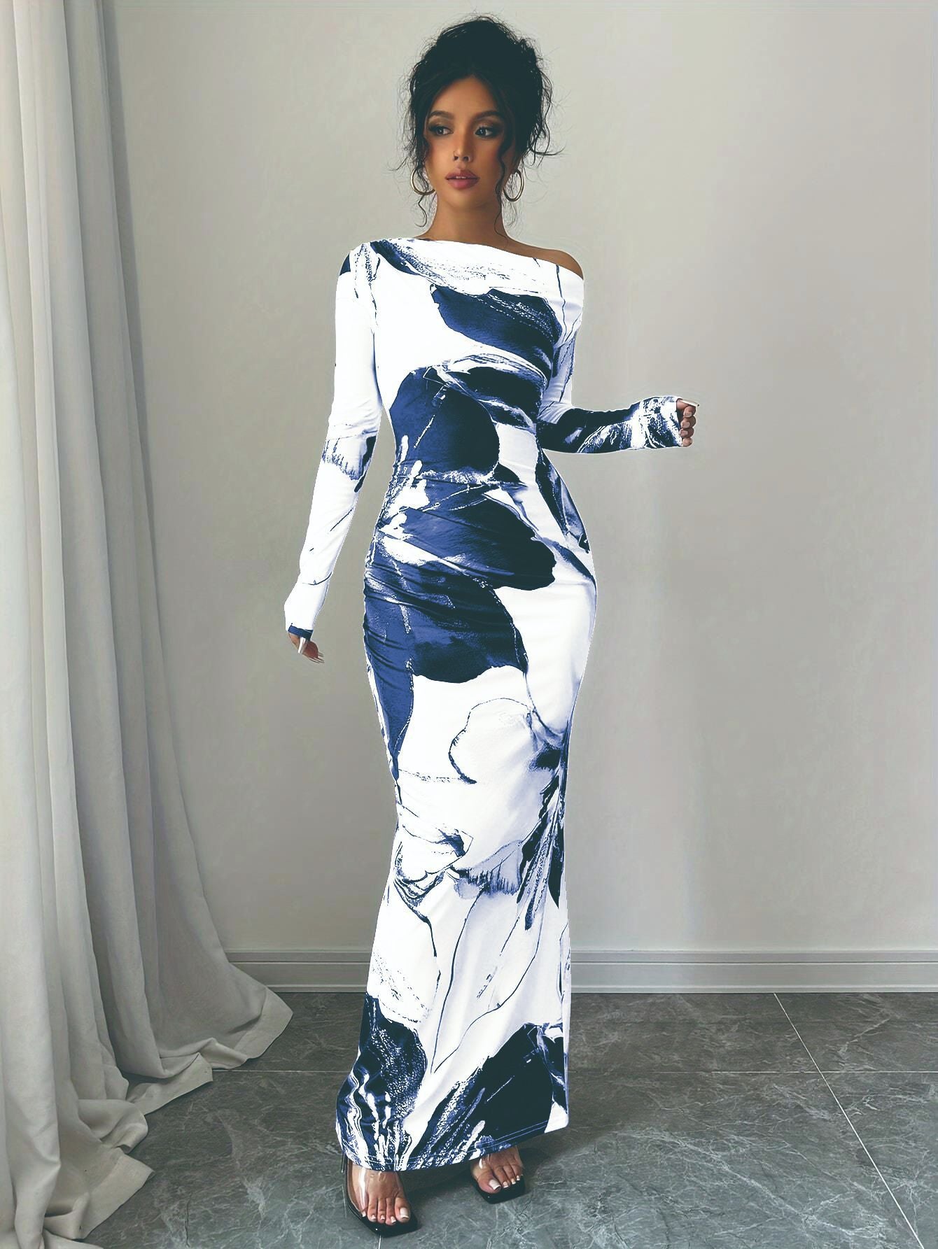 Damen elegantes Langarmkleid mit floralem Motiv Stalluxe