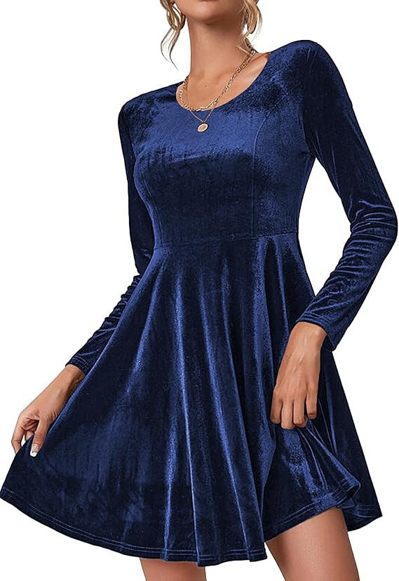 Damen Elegantes Samtkleid mit geschwungenem Saum und langen Ärmeln Stalluxe