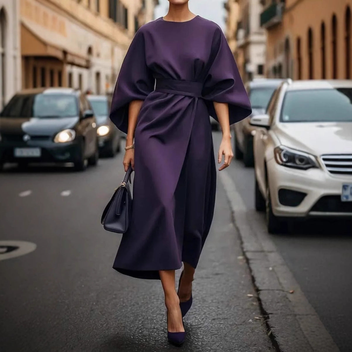 Damen elegantes Maxikleid mit Ballonärmel und tailliertem Schnitt Stalluxe