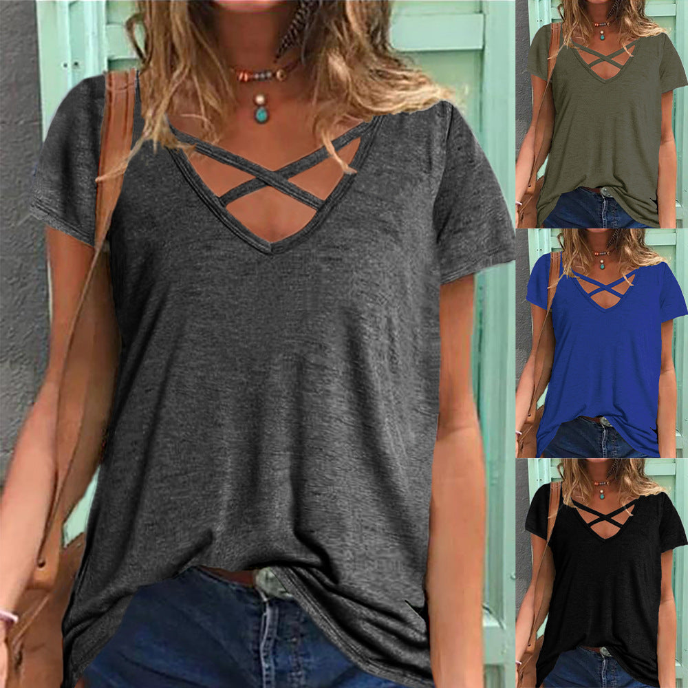 Women's Crisscross V-Neck Casual Tee Stalluxe