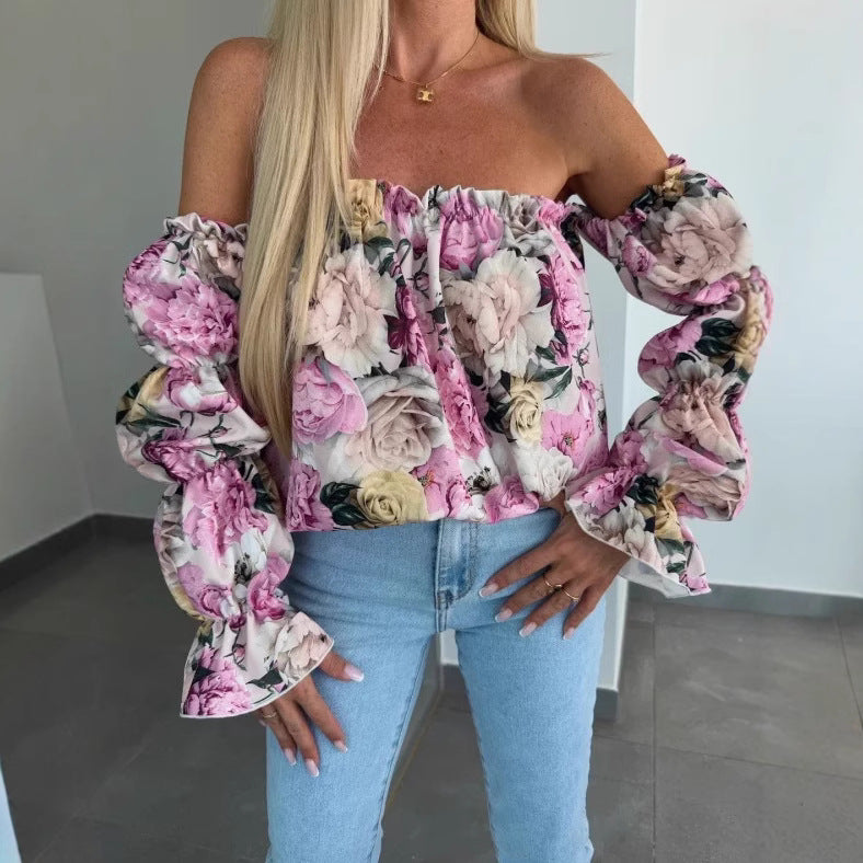 Damen verspielt blumige Off-Shoulder Bluse mit voluminösen Ärmeln Stalluxe