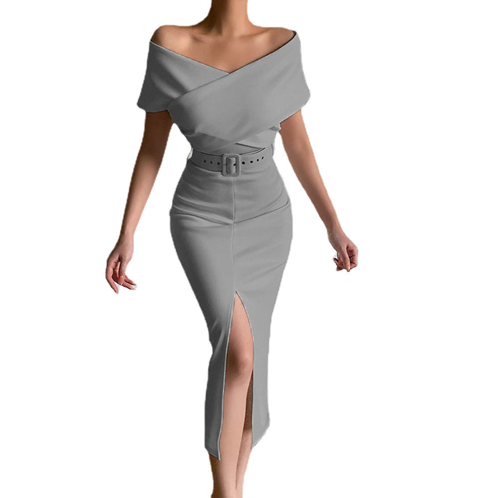 Damen figurbetontes Midi-Kleid mit Off-Shoulder-Ausschnitt und seitlichem Schlitz Stalluxe