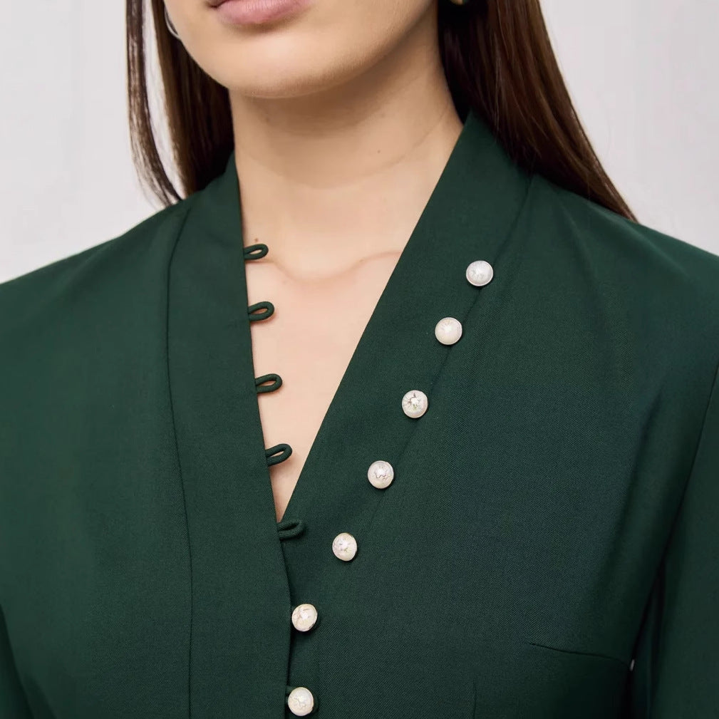 Damen elegantes Kleid mit Puffärmeln und Perlenknopfen Stalluxe