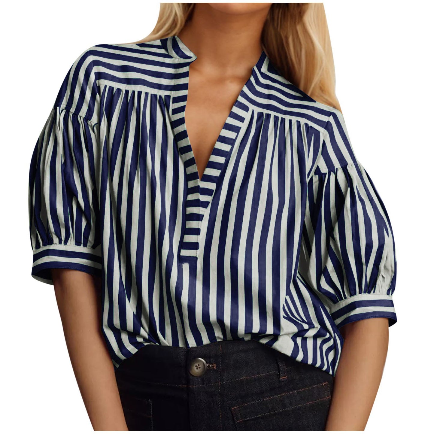 Damen Hemdblusenshirt mit Puffärmeln und gestreiftem Muster Stalluxe