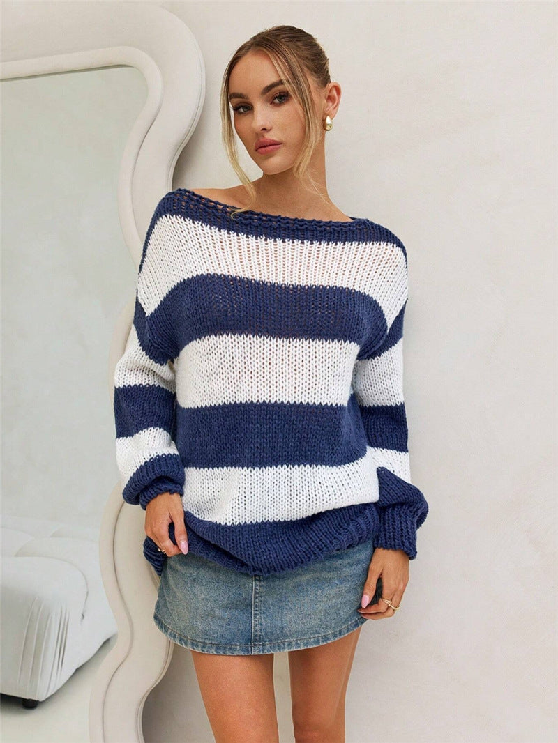 Damen Oversized Strickpullover mit maritimen Streifen Stalluxe