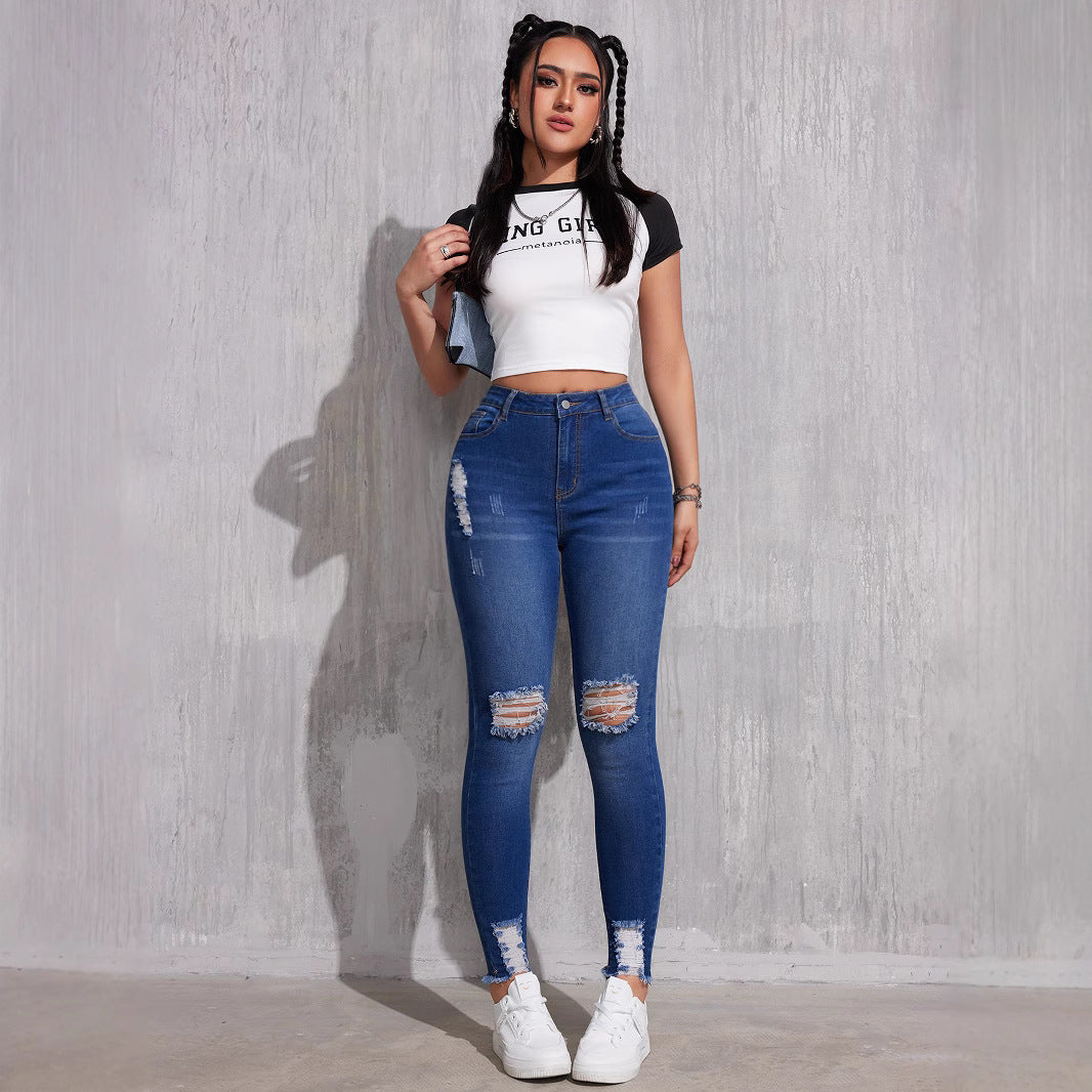 Damen Ripped Skinny Jeans mit hohem Bund und modischen Ziernähten Stalluxe