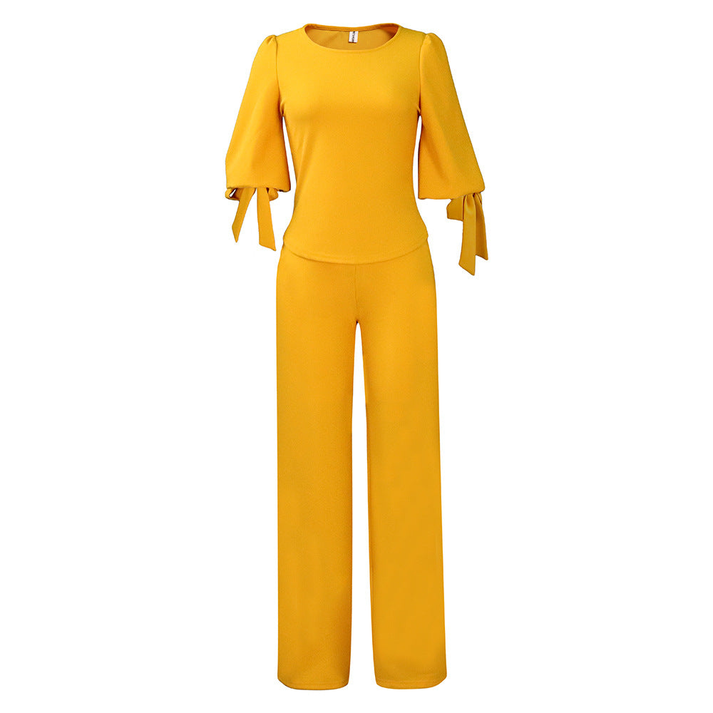 Damen eleganter Jumpsuit mit schicker Schleifenärmel und weitem Bein Stalluxe