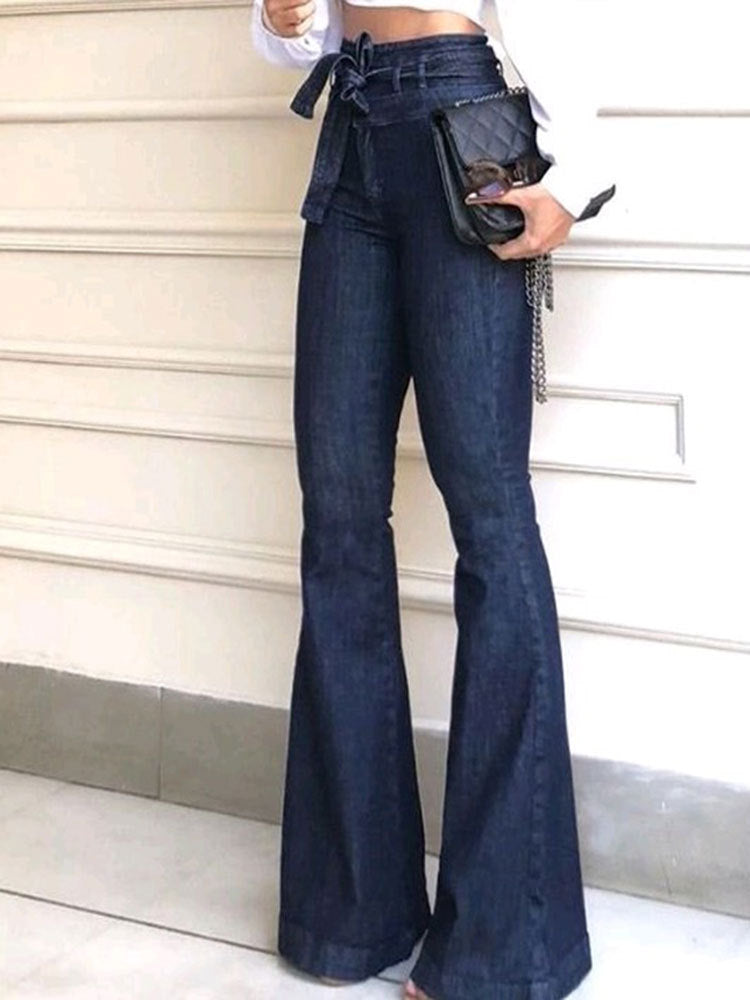 Damen elegante Bootcut-Jeans mit hohem Bund und Gürtel Stalluxe