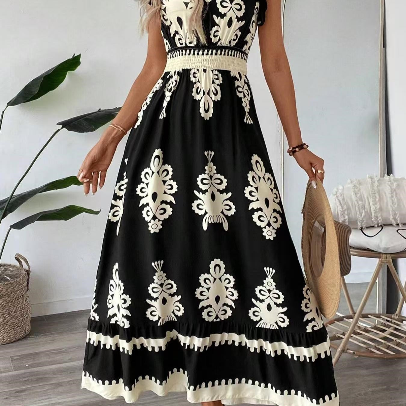 Damen Maxikleid mit stilvollem V-Ausschnitt und kontrastreichem Druck Stalluxe