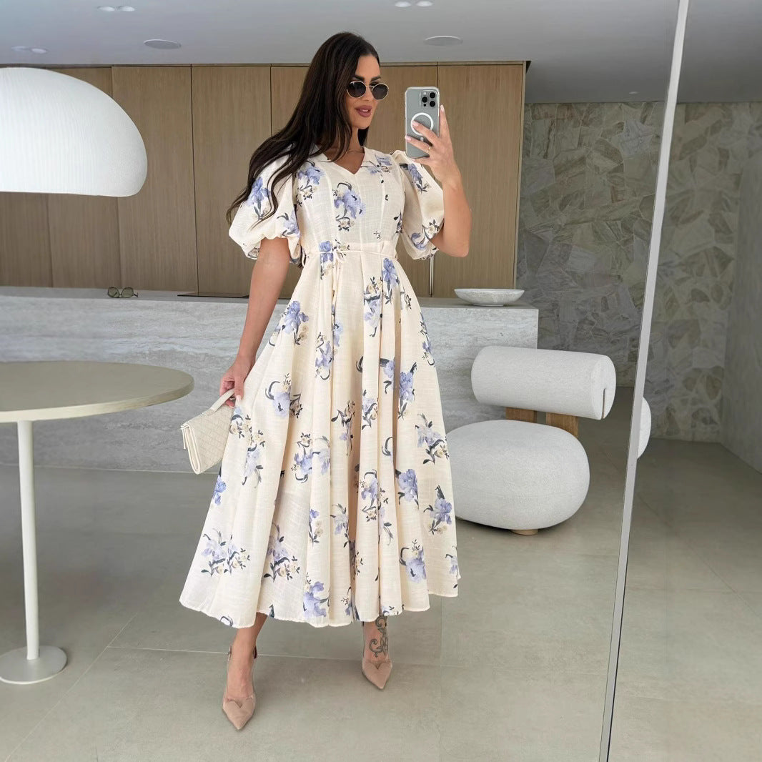 Damen Maxikleid mit elegantem V-Ausschnitt und voluminösen Puffärmeln Stalluxe