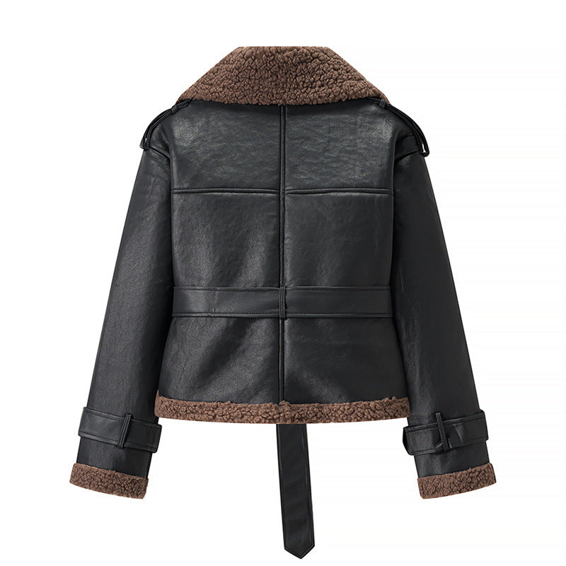 Damen Modische Kunstlederjacke mit kuscheligem Innenfutter und Bindegürtel Stalluxe