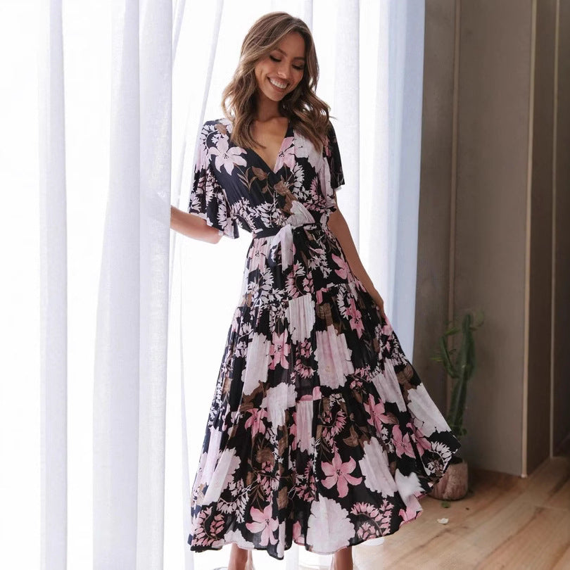 Damen Maxikleid mit floralem Wickeldesign und elastischem Taillengürtel Stalluxe