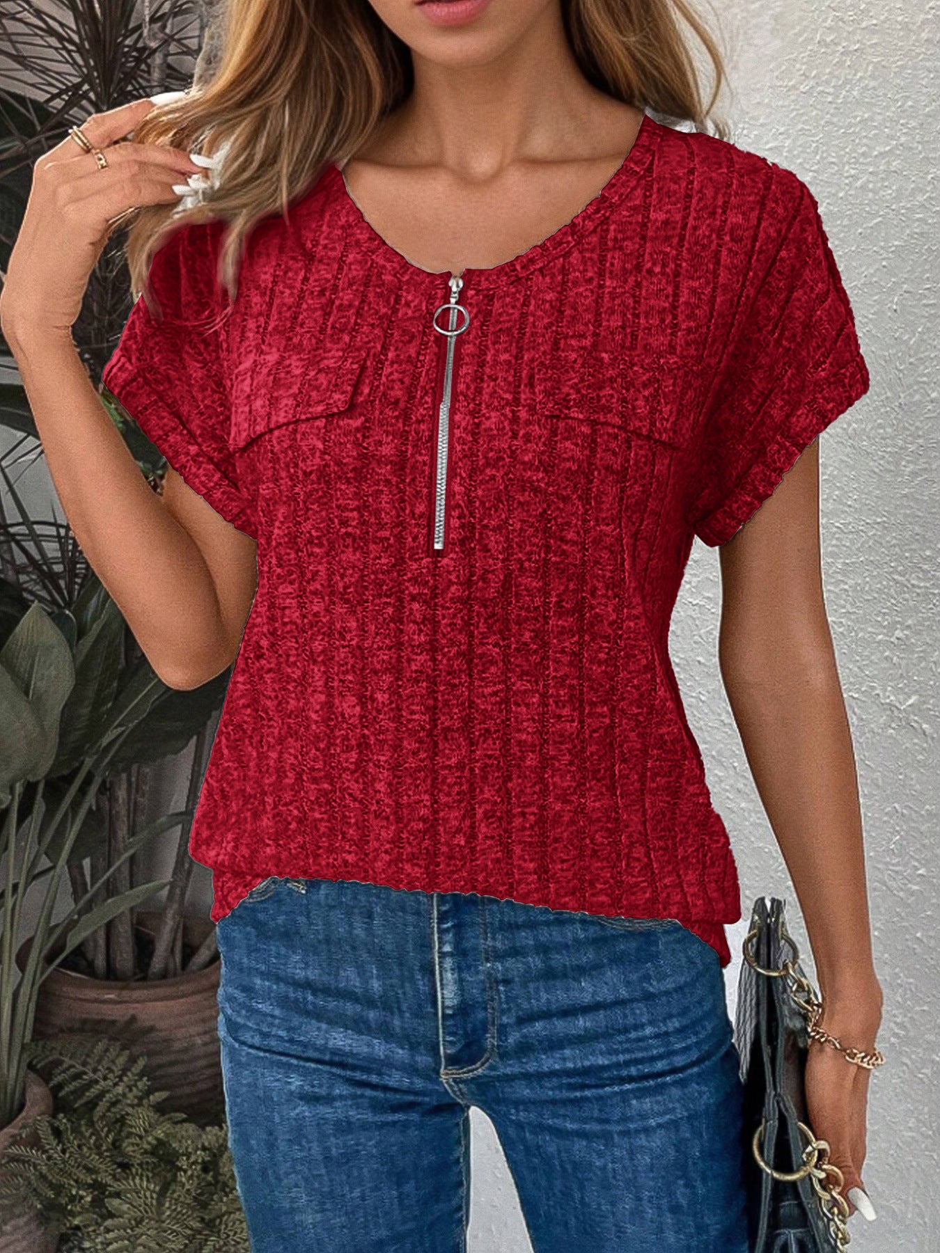 Damen Kurzarm Shirt mit modernem Reißverschluss und Brusttaschen Stalluxe