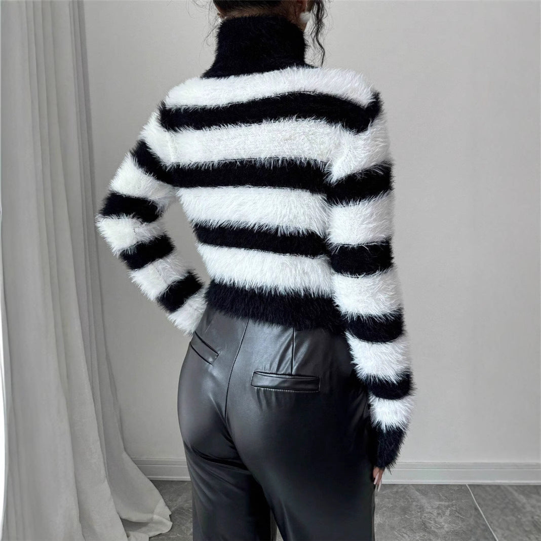 Damen modischer Strickpullover mit trendigem gestreiften Design und hohem Kragen Stalluxe