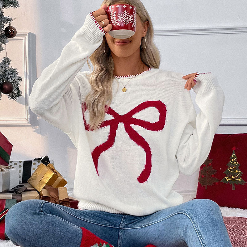 Damen gemütlicher Pullover mit festlichem Schleifen-Motiv Stalluxe
