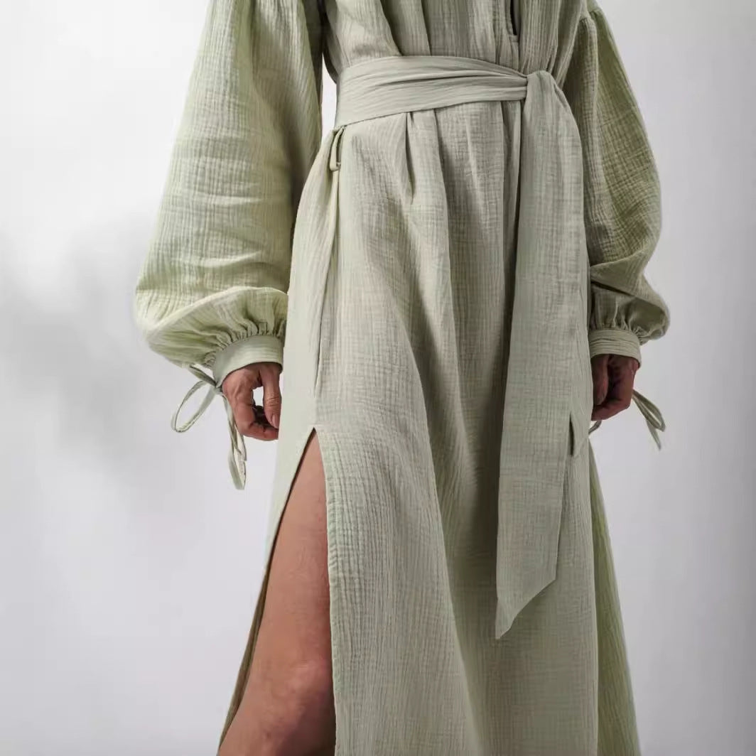 Damen elegantes Maxikleid mit Taillengürtel und Ballonärmeln Stalluxe