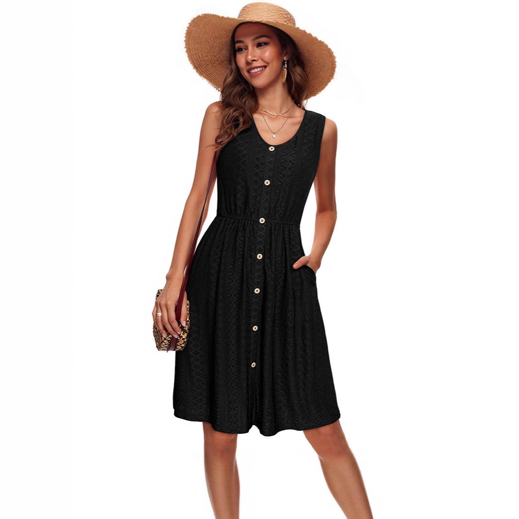 Damen Sommerliches Knopfkleid mit elastischem Taillenband und praktischen Taschen Stalluxe