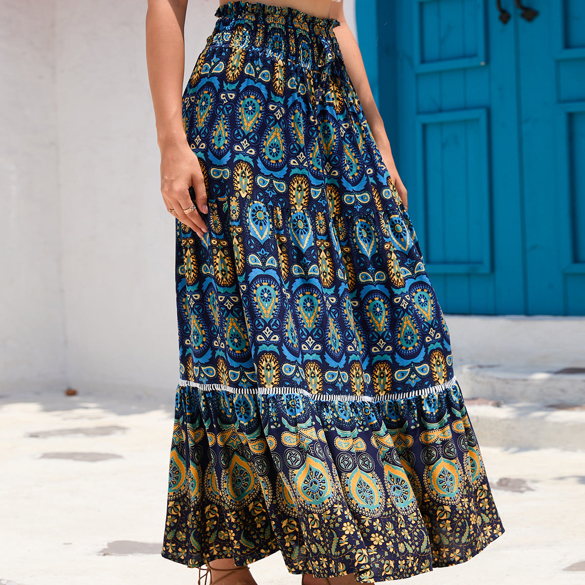 Damen Maxirock im bunten Paisley-Design mit Volant und elastischem Bund Stalluxe