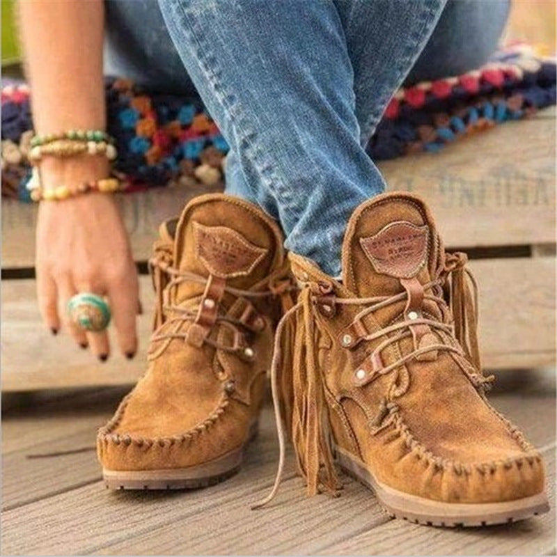 Damen Mokassinstiefel mit modischen Fransen und eleganten Schnürungen Stalluxe