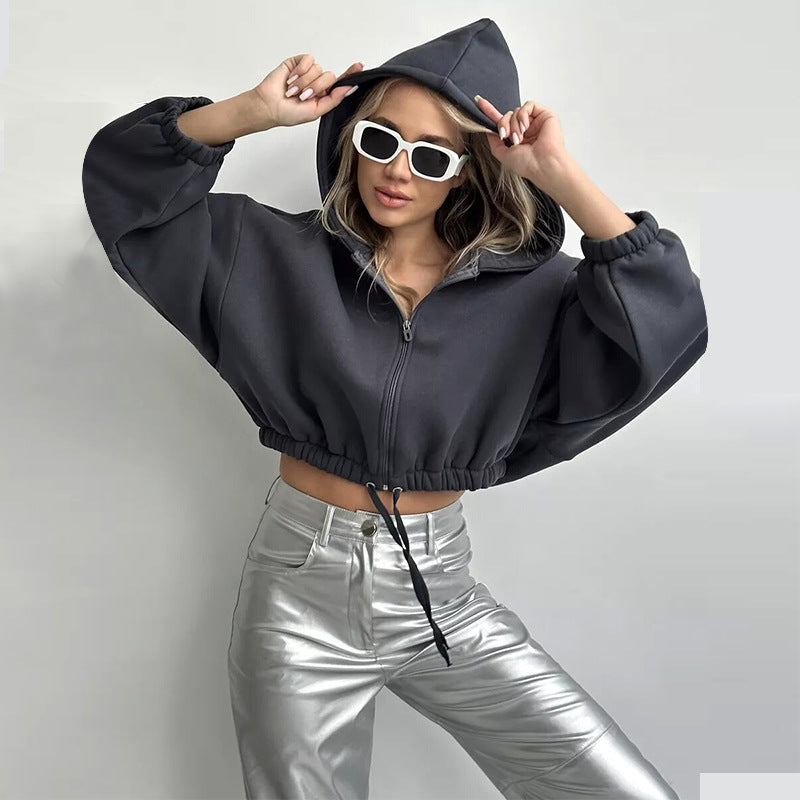 Damen cropped Fleece-Hoodie mit Kordelzug und weiten Ärmeln Stalluxe