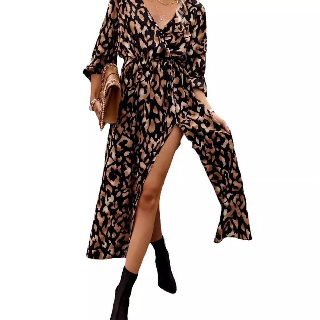Damen Maxikleid mit tiefem Schlitz und Bindegürtel Stalluxe
