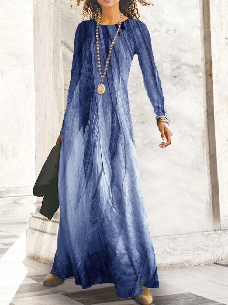 Damen Maxikleid mit elegantem, wellenförmigem Musterdruck und langem Arm Stalluxe