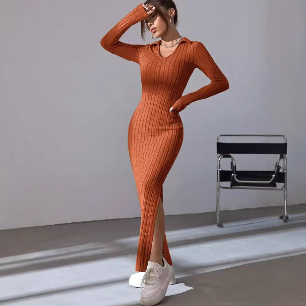 Damen Langärmliges Rippkleid mit Slit und Kragen Stalluxe