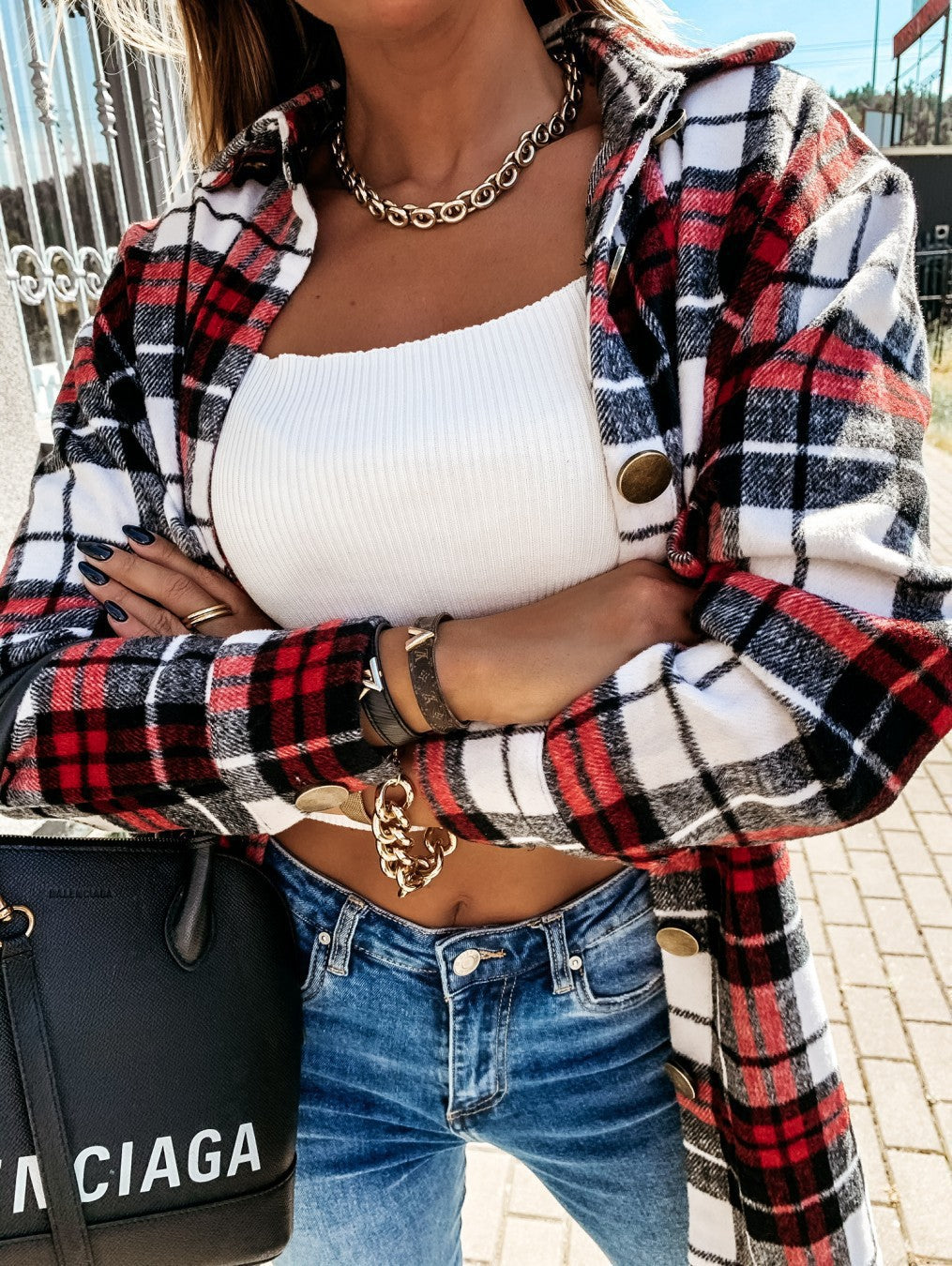 Damen Flanellhemdjacke mit Karomuster und großen Knöpfen Stalluxe