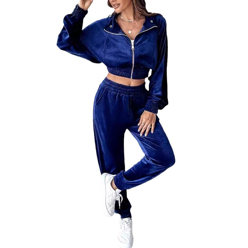Damen Velours Sportanzug mit cropped Jacke und elastischem Bund Stalluxe