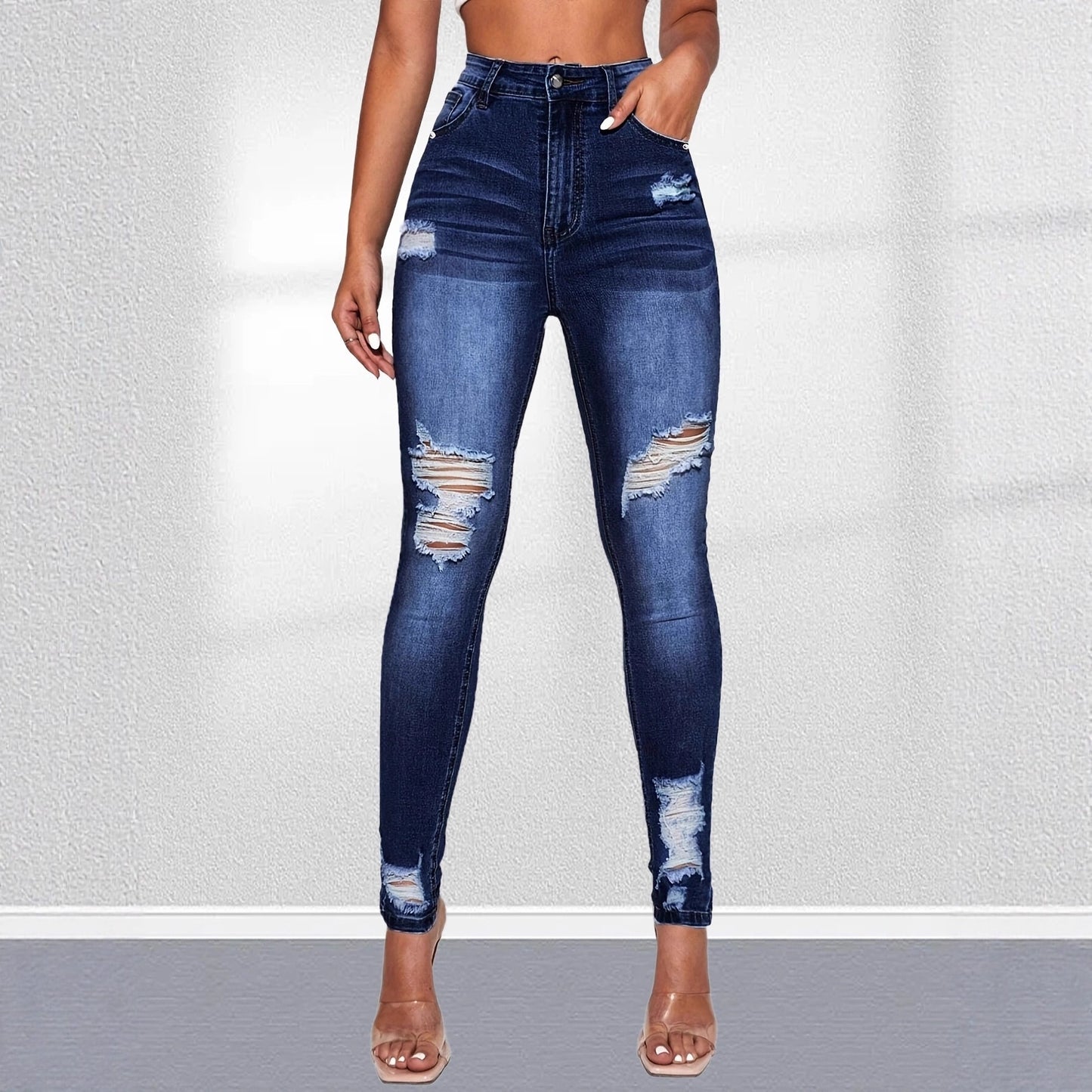 Damen Skinny Jeans mit modischem Destroyed-Effekt und hohem Bund Stalluxe