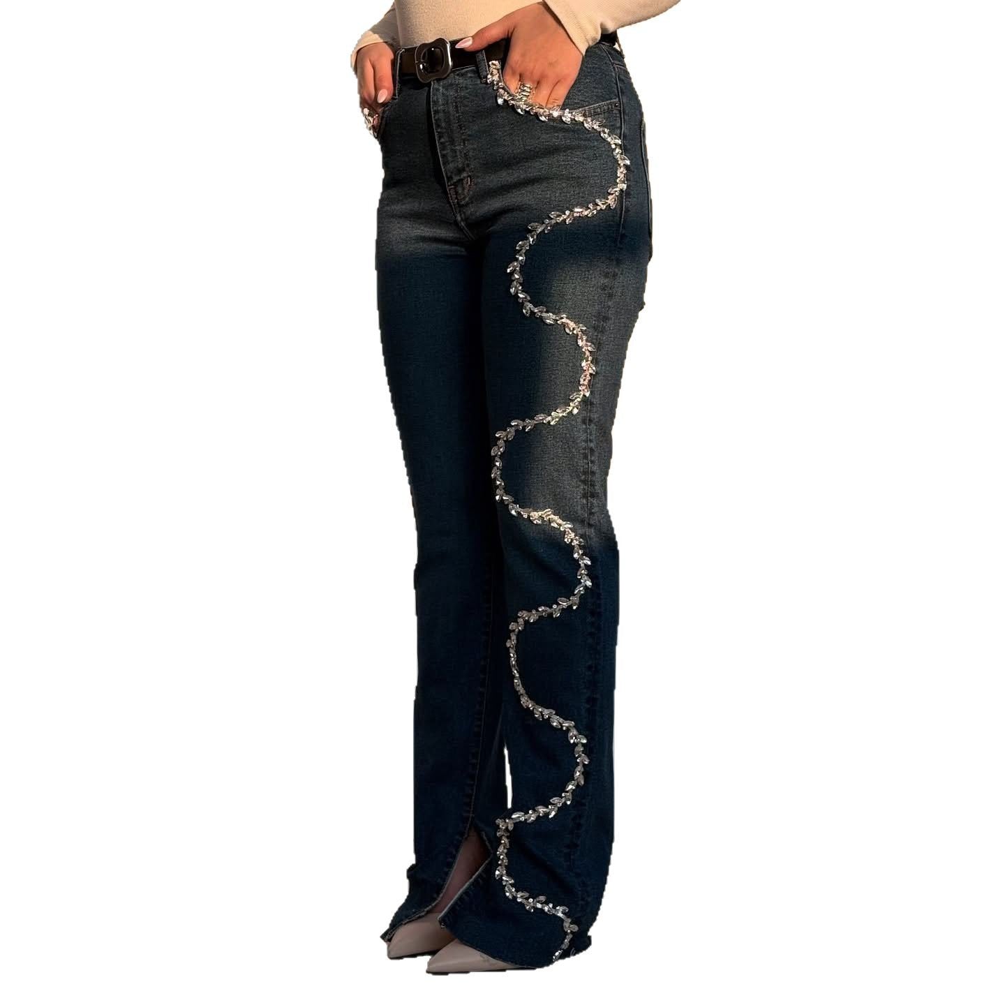 Damen Bootcut-Jeans mit glitzernden Applikationen und fransigen Abschlüssen Stalluxe