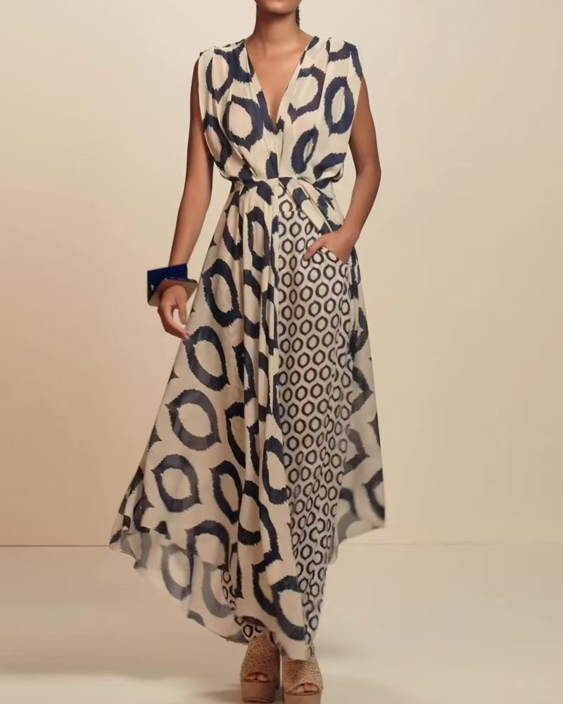 Damen Elegantes Maxikleid mit modischem Kreismuster und Taillengürtel Stalluxe