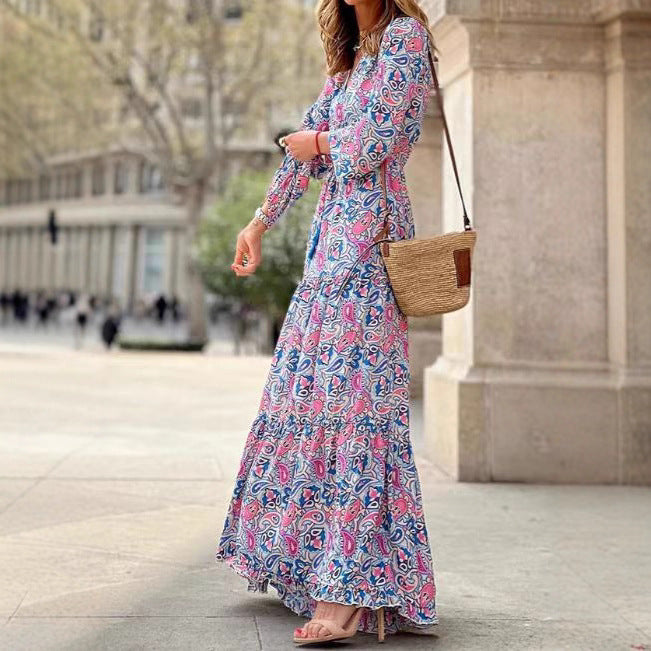 Damen Maxikleid mit floralen Mustern und modischem Taillengürtel Stalluxe