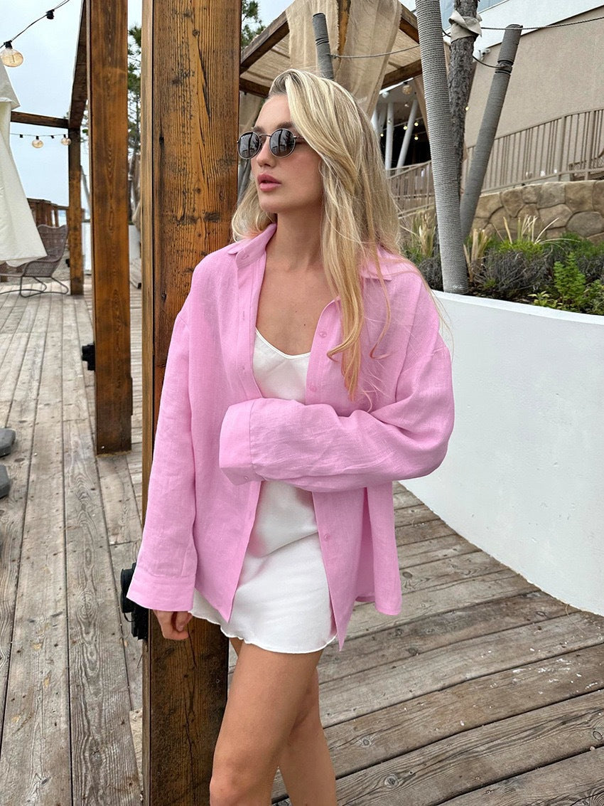 Women's Oversized Linen Button-Up Shirt Stalluxe