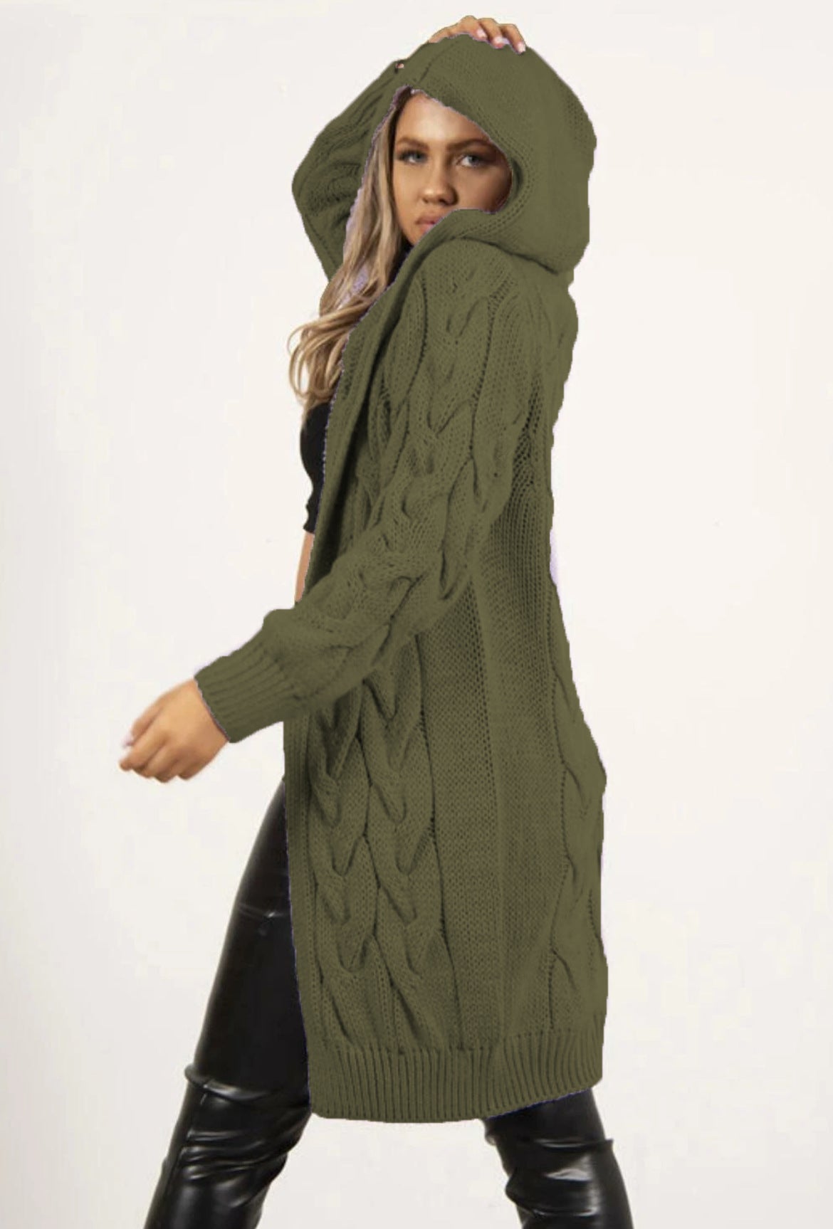 Damen Großer Strickmantel mit Kapuze und aufwendiger Zopfmusterstruktur Stalluxe
