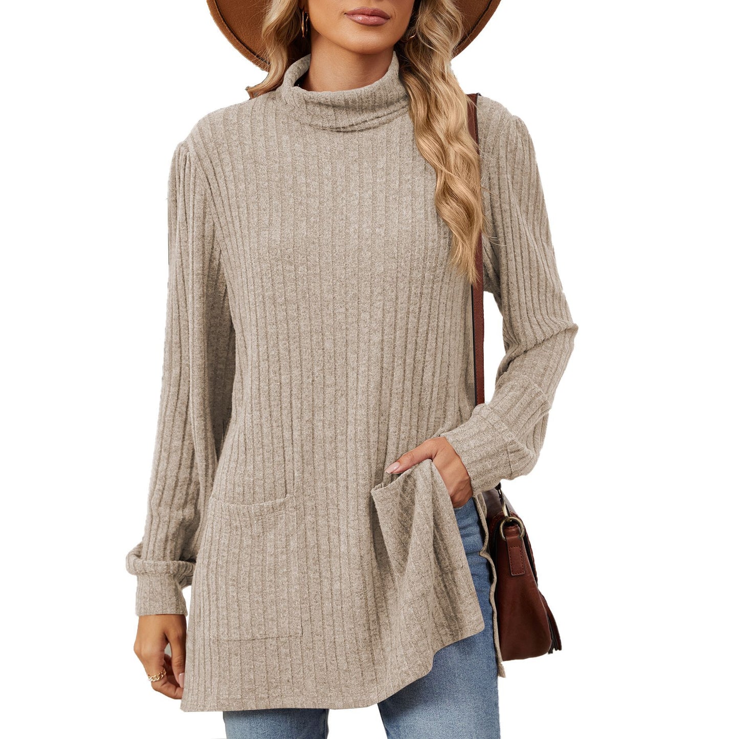 Damen elegantes Oberteil aus strukturierter Strickware mit Stehkragen und Seitentaschen Stalluxe