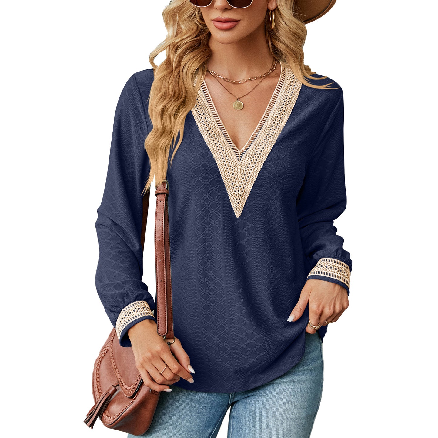 Damen Langarm Blusenshirt mit dekorativem V-Ausschnitt und Häkelelementen Stalluxe
