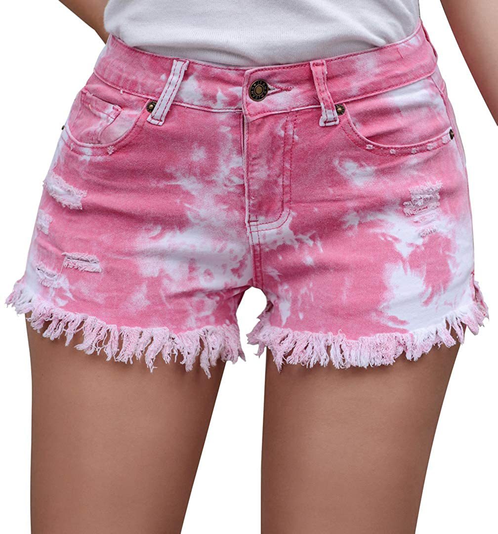 Damen lässige Denim-Shorts mit einzigartigem Batikmuster und fransigem Saum Stalluxe