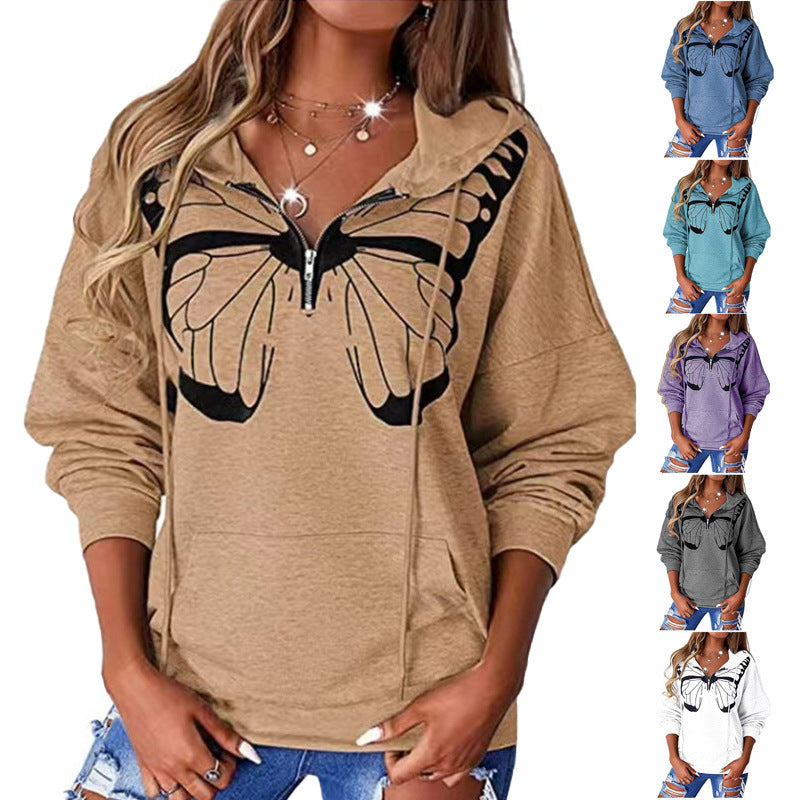 Damen lässiger Kapuzenpullover mit Schmetterlingsdruck und Halber Reißverschluss Stalluxe