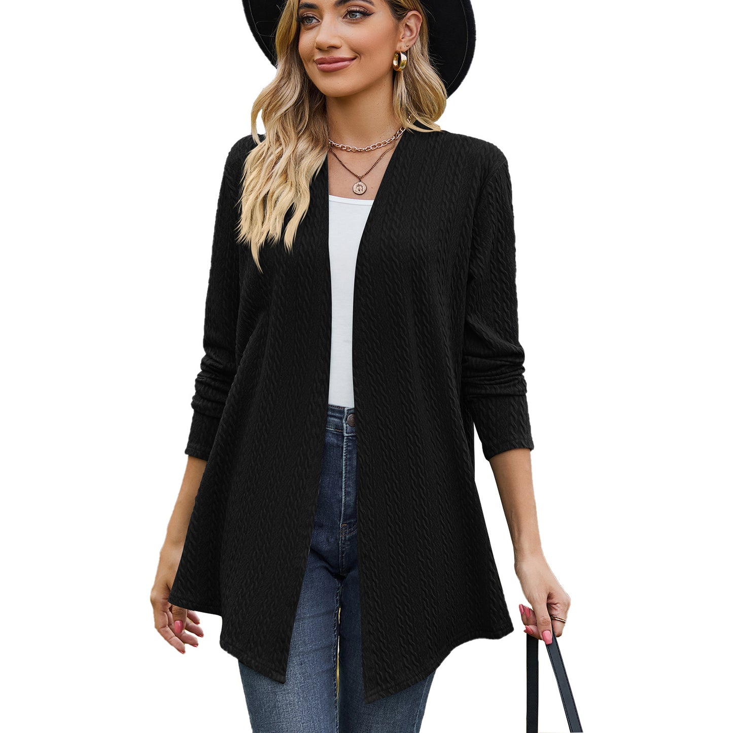 Damen Strickjacke mit modernem Wellenmuster und offenem Design Stalluxe