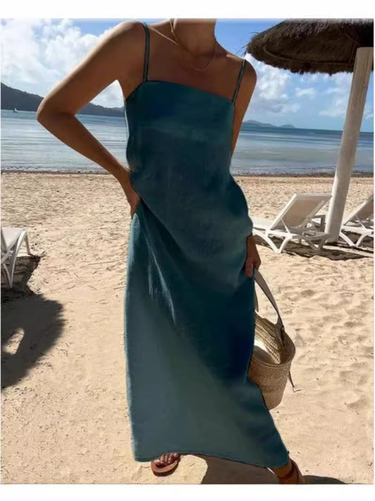 Damen Maxikleid aus luftigem Leinen mit Spaghettiträgern Stalluxe