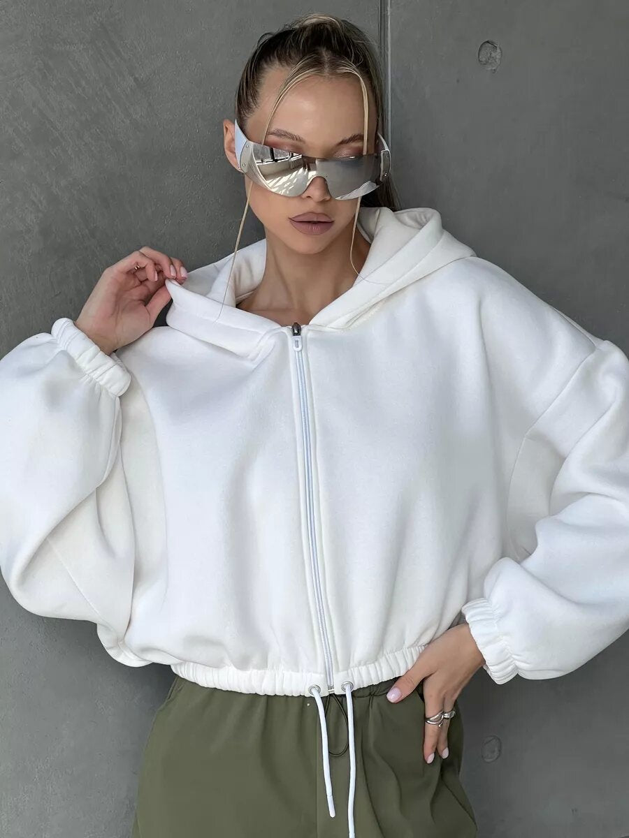 Damen cropped Fleece-Hoodie mit Kordelzug und weiten Ärmeln Stalluxe