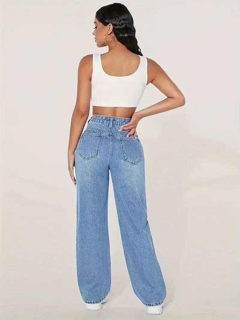 Damen weite Jeans mit modischen Rissdetails und hohem Bund Stalluxe